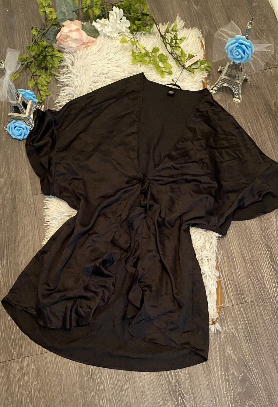 Victoria Secret Women Plus Robe Cover One Size Satin Tie Slip Black New $58